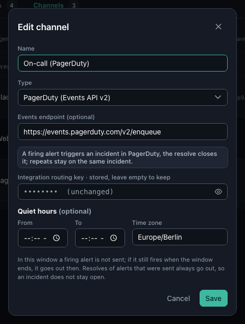 Editing a PagerDuty channel: endpoint, routing key, quiet hours