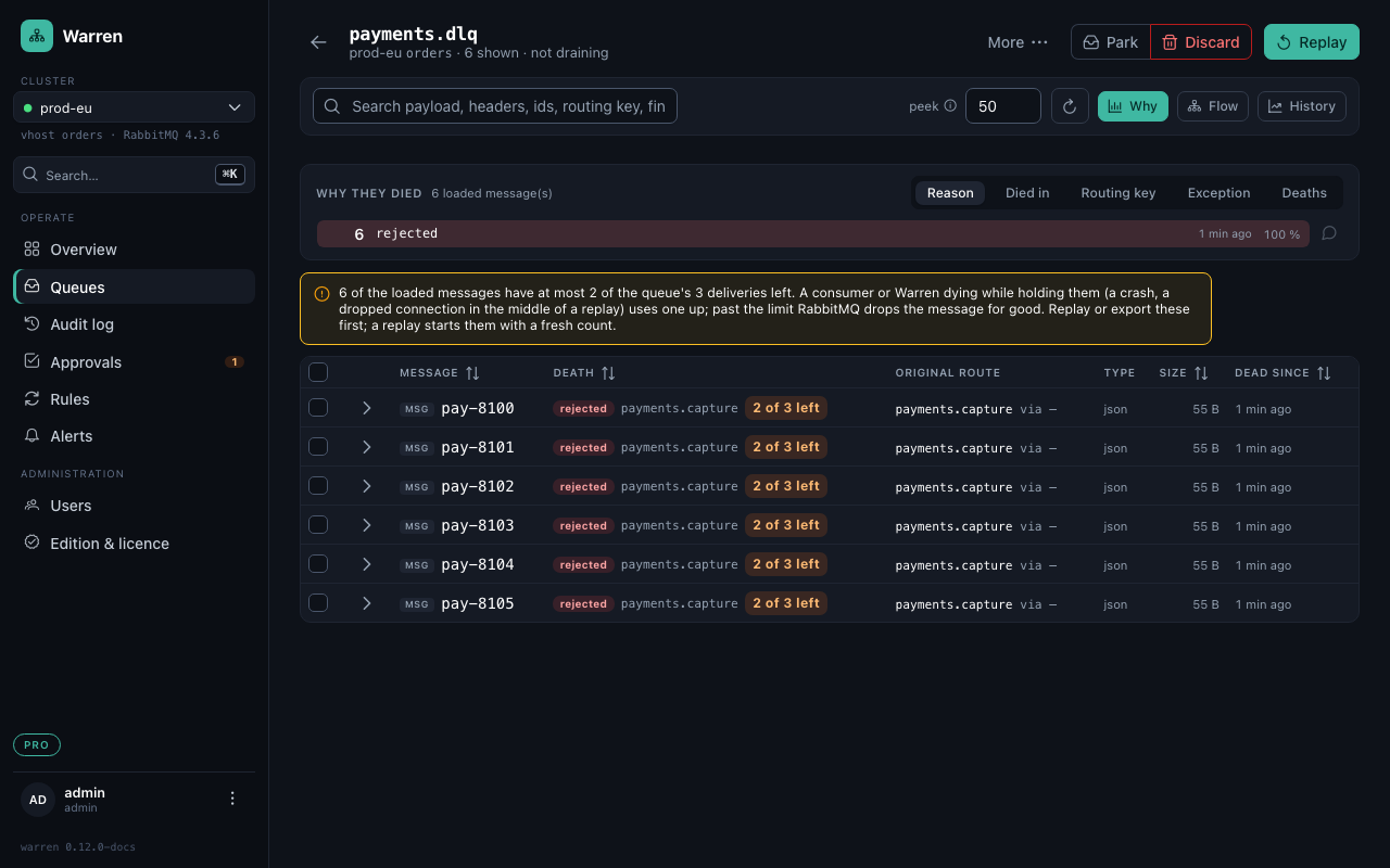 A quorum DLQ with a limit of 3 whose six messages arrived with one delivery used: "2 of 3 left" on each, and a warning on top