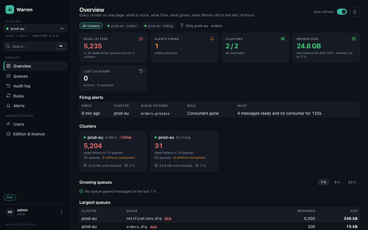 The overview: every broker with its dead letters, the room left before publishers are blocked, firing alerts and the largest queues