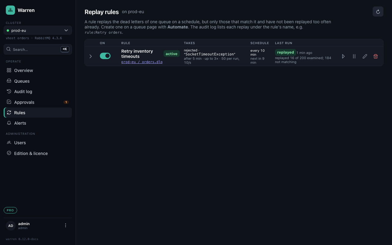 A replay rule that retries inventory timeouts every ten minutes; its last run replayed 16 of 200 messages it examined