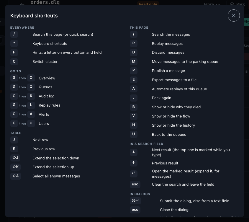 The shortcuts of a queue page: go-to keys, table navigation, actions and dialogs